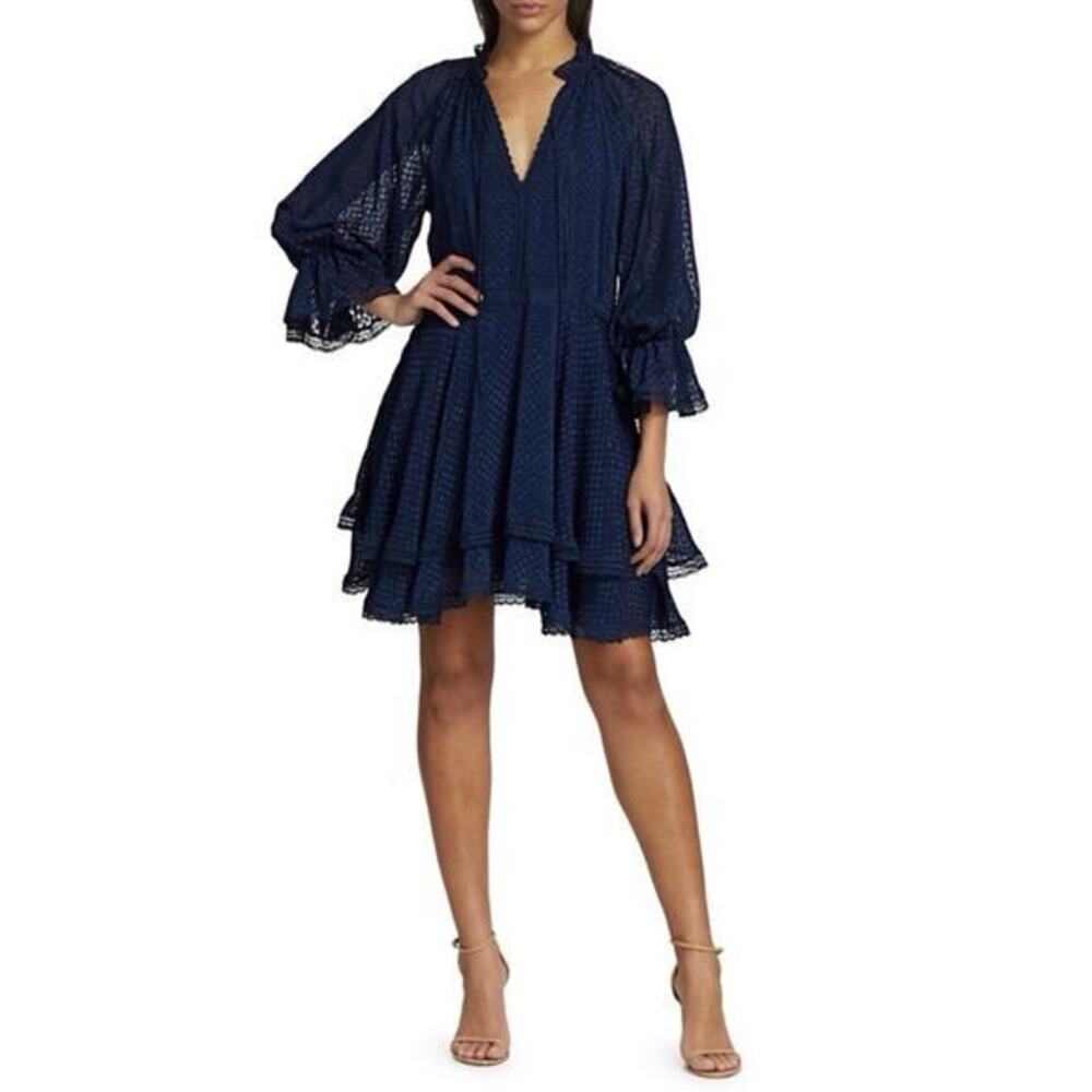 Alice + Olivia Joanne Double Handkerchief Hem Sapphire Blue Lace Tiered‎ Dress
